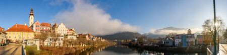 Frohnleiten panorama small city above Mur river in Styria,Austria. View at Parish church, town and river Mur. Famous travel destination.の写真素材