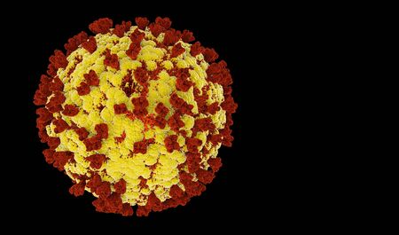 Image of Flu COVID-19 virus cell under the microscope with copy space on black background. Coronavirus outbreak influenza background. Pandemic medical health risk concept with disease cell as a 3D renderer.の写真素材