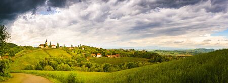 Austria vineyards landscape. View at panorama of small village Kitzeck. Leibnitz area in south Styria, wine country.の写真素材