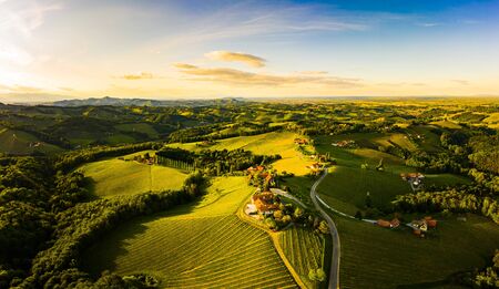Gorgeous sunset over beautiful green vineyards. Aerial panorama sunset over Austrian grape hills in spring. Wine culture in south styria, tuscany like tourist famous spot.の写真素材