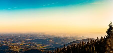 View from a peak of rocky Austrian mountain Schockl in Styria Graz. Place for tourism and hiking recreation.の写真素材