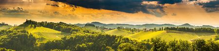 South styria vineyards panorama landscape, place near Gamlitz, Austria, Eckberg, Europe. Grape hills view from wine road in spring. Tourist destination, travel spot.の写真素材