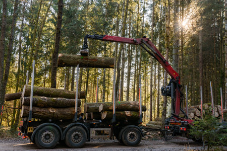 Kaiserwald, Austria - 21.01.2020: Crane in forest loading logs in the truck. Timber harvesting and transportation in forest. Transport of forest logging industry and forestry industry.のeditorial素材