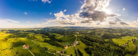 South styria vineyards aerial panorama landscape. Grape hills view from wine street in summer....