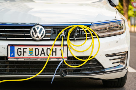 Graz, Austria - 24.06.2020: Modern electric cars EV Car plugged into charging station. New energy...
