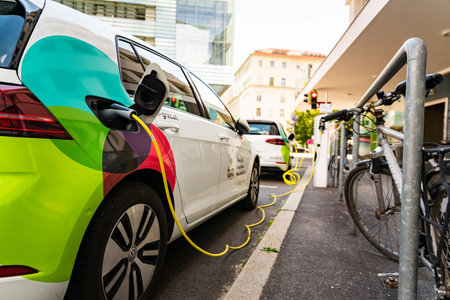 Graz, Austria - 24.06.2020: Modern electric cars EV Car plugged into charging station. New energy vehicles, eco-friendly alternative energy for carsのeditorial素材