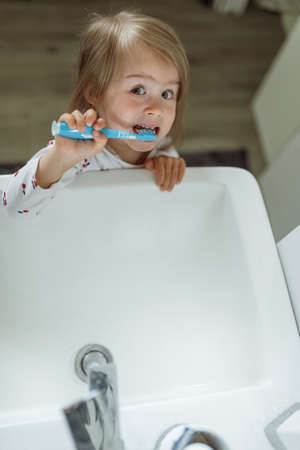 Baby girl in bright bathroom brushing her teeth above the sink. 2-3 years old child personal hygiene.の写真素材