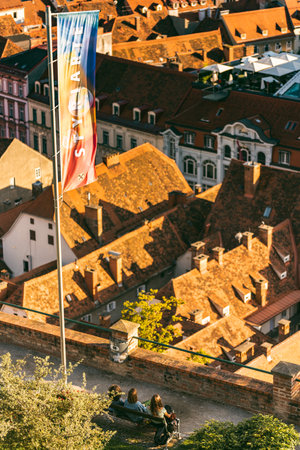 Graz, Austria - 13.07.2020: Panorama view from the top of schlossberg hill over the cityのeditorial素材