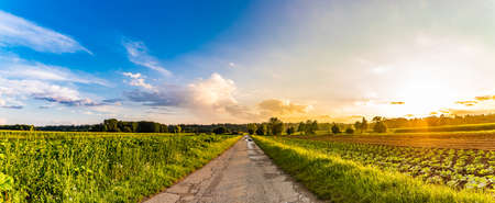 Panorama, sunset over fields and Austrian village with dramatic sky and colorful clouds. Road...