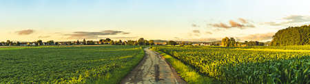 Panorama, sunset over fields and Austrian village with dramatic sky and colorful cloudsの写真素材