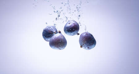 Fresh figs falling into the water isolated on white background. Food photography. Copy space...