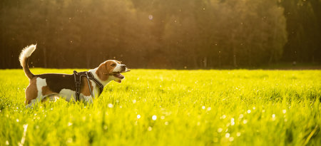 Beagle dog on a grass field in distance.の写真素材