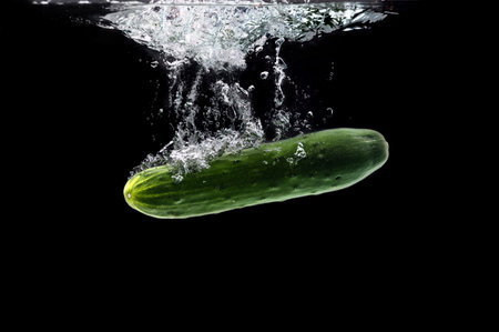 Green bio cucumber sinking under water against black backgroundの写真素材