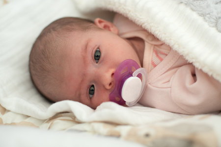 Newborn Baby Portrait, Beautiful New Born Kid sucking Pacifier.の写真素材