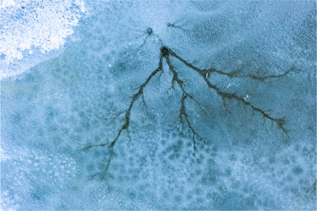 Aerial view of frozen lake. Aerial photography during winter season.の写真素材