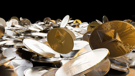 Cryptocurrency Ethereum golden coins spilling on the table