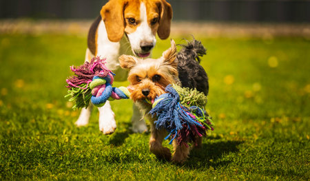 Cute Yorkshire Terrier dog and beagle dog chese each other in backyard.の写真素材