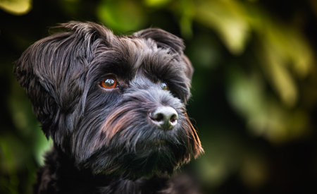 A majestic black dog gazes thoughtfully and introspectively against a vibrant green backdrop of...