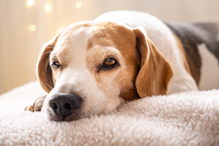 A relaxed and content Beagle dog resting comfortably on a soft surface in a cozy settingの写真素材