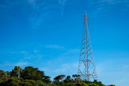 A high voltage electric pole installed on an island and connected to transmission line near the San...