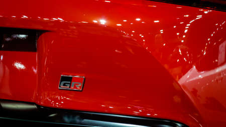 Bangkok, Thailand - December 1, 2019: The badge of red sport Toyota GR Supra A90 showcase at the Thailand International Motor Expo 2019 at Impact Challenger Hallのeditorial素材