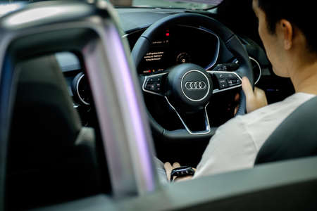Bangkok, Thailand - December 1, 2019: The sport luxury D-cut steering wheel of Audi TT showcase at the Thailand International Motor Expo 2019 at Impact Challenger Hallのeditorial素材