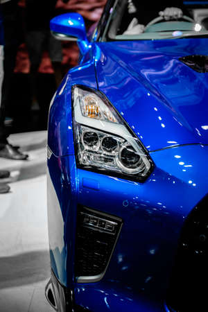 Bangkok, Thailand - December 1, 2019: The LED Headlight  of 50th Anniversary Nissan GTR R35 showcase...