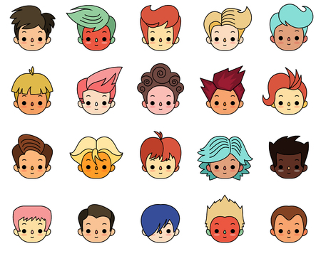 Cartoon characters. Boys with different hair style. Vectorのイラスト素材