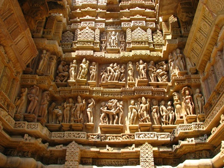 India: Temples of Khajuraho, one of the most popular tourist destinations in India, and famous for their erotic sculptures. Unesco World Heritage.の写真素材