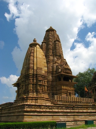 India: Temples of Khajuraho, one of the most popular tourist destinations in India, and famous for their erotic sculptures. Unesco World Heritage.の写真素材