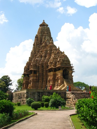 India: Temples of Khajuraho, one of the most popular tourist destinations in India, and famous for their erotic sculptures. Unesco World Heritage.の写真素材