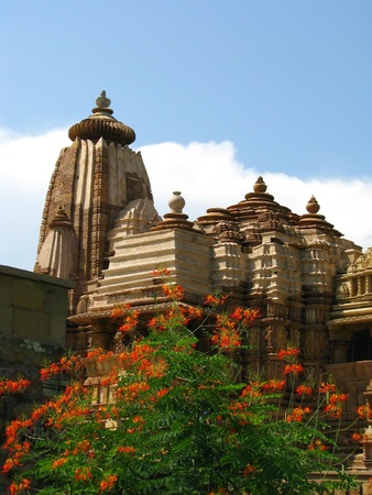 India: Temples of Khajuraho, one of the most popular tourist destinations in India, and famous for their erotic sculptures. Unesco World Heritage.の写真素材