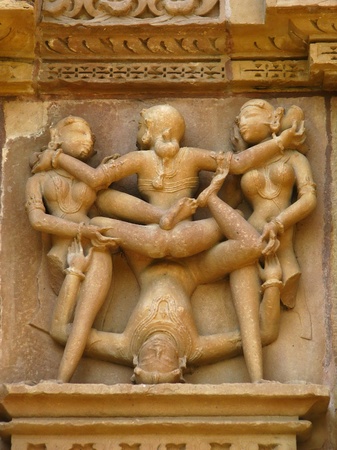 India: Temples of Khajuraho, one of the most popular tourist destinations in India, and famous for their erotic sculptures. Unesco World Heritage.の写真素材