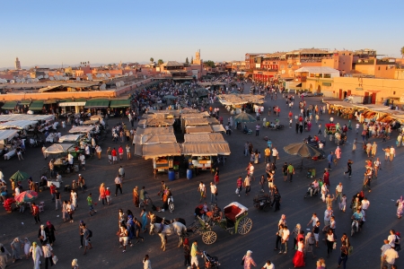 The famous Marrakesh square Djemaa el Fna, center of the old town and tourism highlight Morocco のeditorial素材