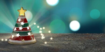3d illustration. ceramic christmas tree candle holder lights up. copyspace. bokeh effect backgroundの写真素材