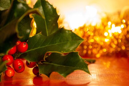 Christmas holly foreground and red and gold background with bokeh effect. copy spaceの写真素材