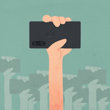 Digital illustration in watercolor style, hands hold smartphoneの写真素材