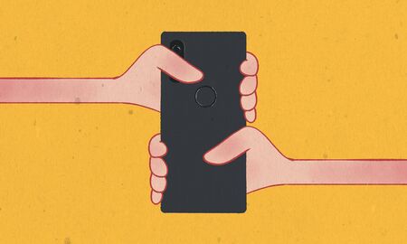 Digital illustration in watercolor style, hands hold smartphoneの写真素材