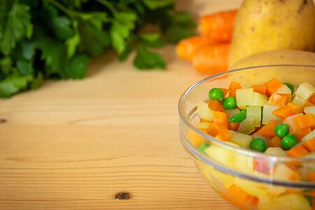 chopped ingredients for Russian saladの写真素材