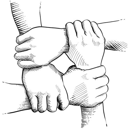 <p>Black and white illustration of four hands holding each other on the wrist. Concept teamwork, cooperation, unity.</p>の写真素材