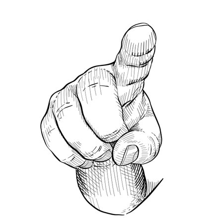 <p>Close-up of hand pointing forefinger. Hand language, non-verbal. Black and white illustration.</p>の写真素材