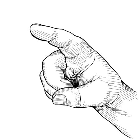 <p>Close-up of hand pointing forefinger, side view. Hand language, non-verbal. Black and white illustration.</p>の写真素材