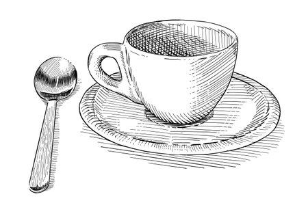 <p>Coffee cup with spoon. Black and white illustration isolated on white background.</p>の写真素材