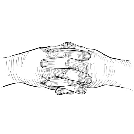 <p>Close up of clasped hands with crossed fingers, frontal view. Hand language. Black and white illustration on white background.</p>の写真素材