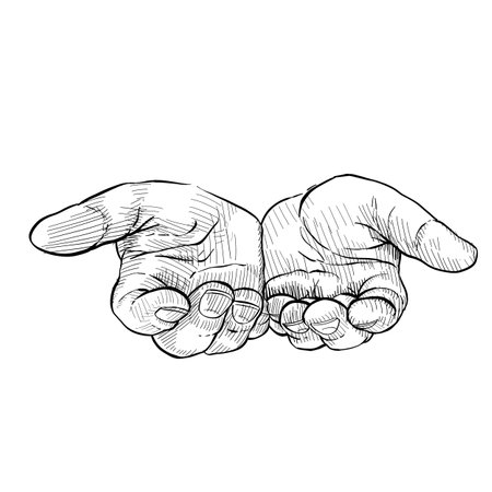 <p>Close-up of two hands with palms facing up. Hand language. Black and white illustration on white background.</p>の写真素材