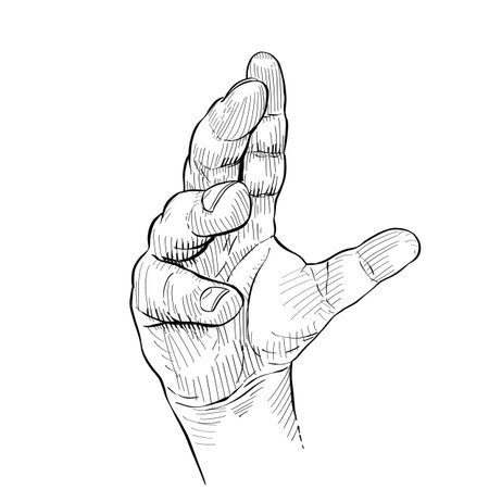<p>Close up of open hand profile view. Hand language. Black and white illustration on white background.</p>の写真素材