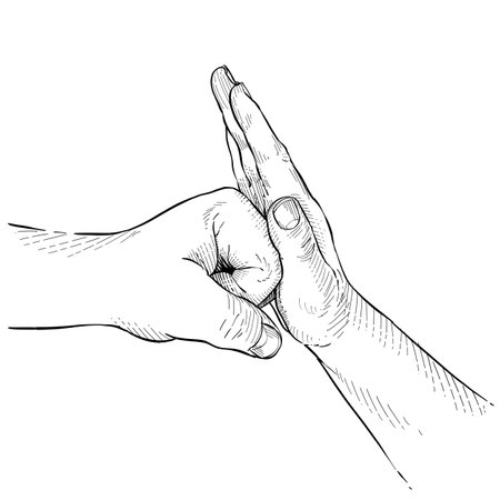 <p>Fist against open hand, gesture of anger, pause. Hand language, non-verbal communication. Black and white illustration on a white background</p>の写真素材