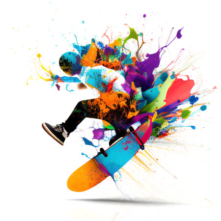 Skateboarder jumping with colorful paint splashes on white background. Made with generative artificial intelligenceの素材
