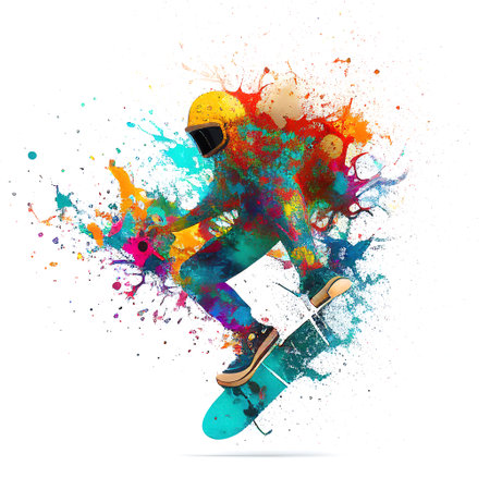 Skateboarder jumping with colorful paint splashes on white background. Made with generative artificial intelligenceの素材