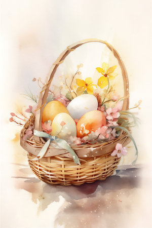 Easter greeting card with watercolor eggs and flowers. Vector illustration style.の素材